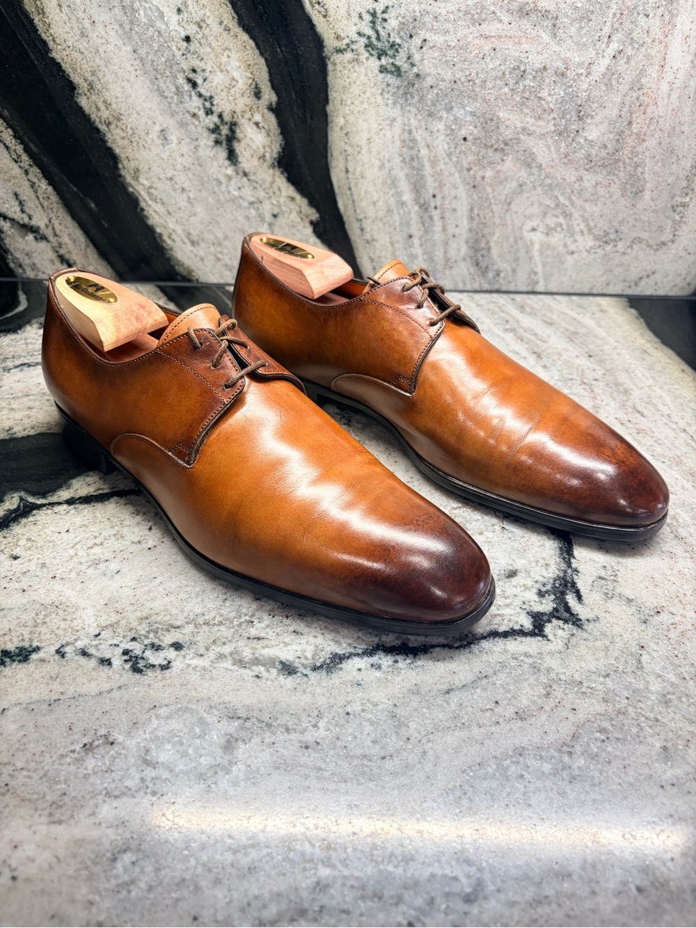 Santoni Goodyear Brown Cognac Leather Derby Shoes UK 8.5 US 9.5 Italy